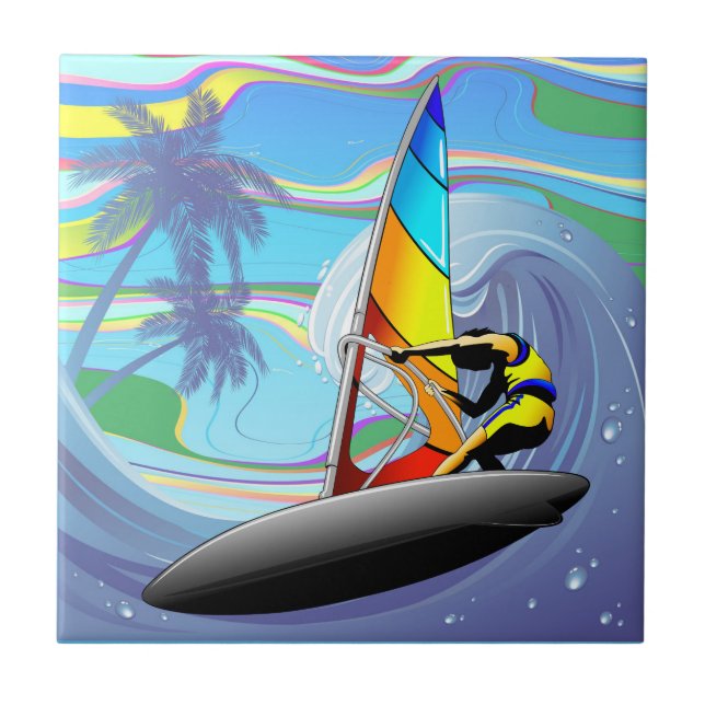 WindSurfer on Big Ocean Waves Tile (Front)