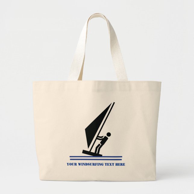Windsurfer on board black, blue windsurfing custom large tote bag (Front)