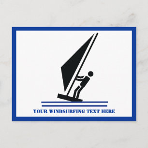 Windsurfer on board black, blue windsurfing custom postcard