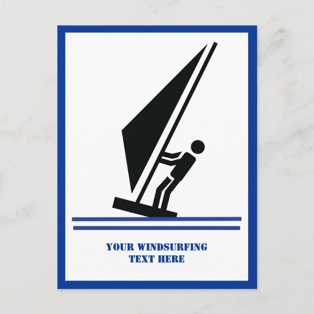 Windsurfer on board black, blue windsurfing custom postcard (Front)