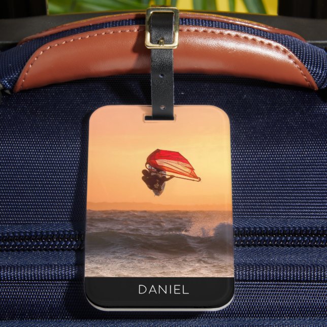 Windsurfing At Sunset Surfer Personalised Custom Luggage Tag (Front Insitu 2)