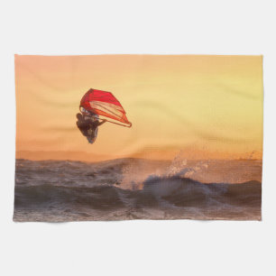 Windsurfing At Sunset Surfer Sailboarding Tea Towel