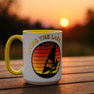 Windsurfing Girl Retro Sunset Lake Life Template Mug