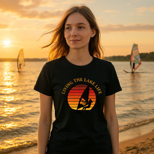 Windsurfing Girl Retro Sunset Lake Life Template T-Shirt