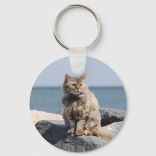 Windswept Cat by the Sea Cute Photo Key Ring