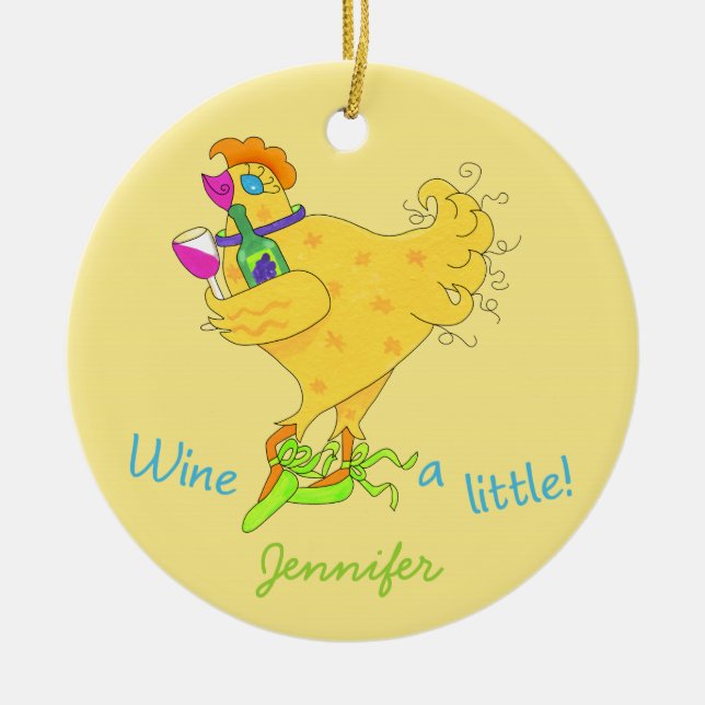Wine a Lttle Chick Power Yellow Whimsy Ceramic Tree Decoration (Front)