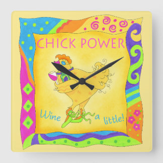 Wine a Lttle Chick Power Yellow Whimsy Square Wall Clock