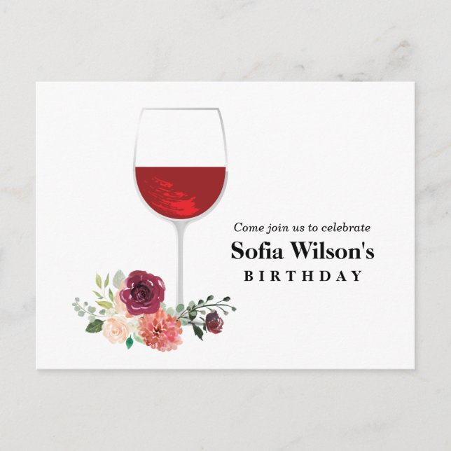 wine, adult birthday, wedding, floral invitation p postcard (Front)
