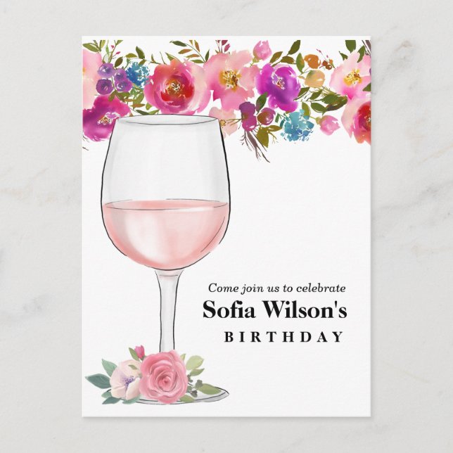 wine, adult birthday, wedding, floral invitation postcard (Front)