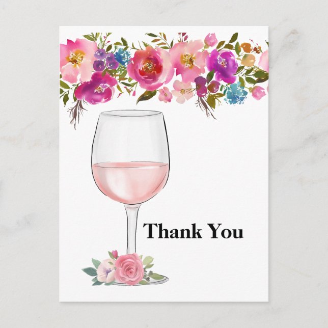 wine, adult birthday, wedding, floral thank you invitation postcard (Front)