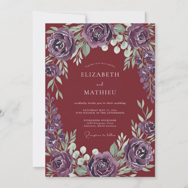 Wine Amethyst Foliage Eucalyptus Wedding Invitation (Front)
