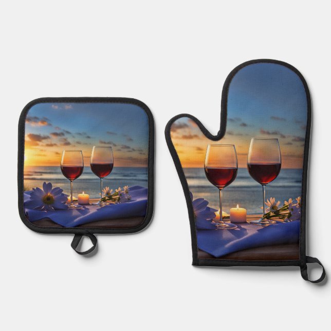 Wine and Beach Oven Mitt & Pot Holder Set (Front)
