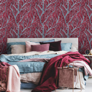 Wine and Cadet Grey Tree Branches Pattern  Wallpaper