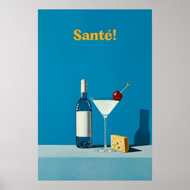 Wine and Cheese Art Print Martini Cocktail, Blue (Front)