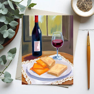 Wine and Cheese   Watercolor Painting Postcard
