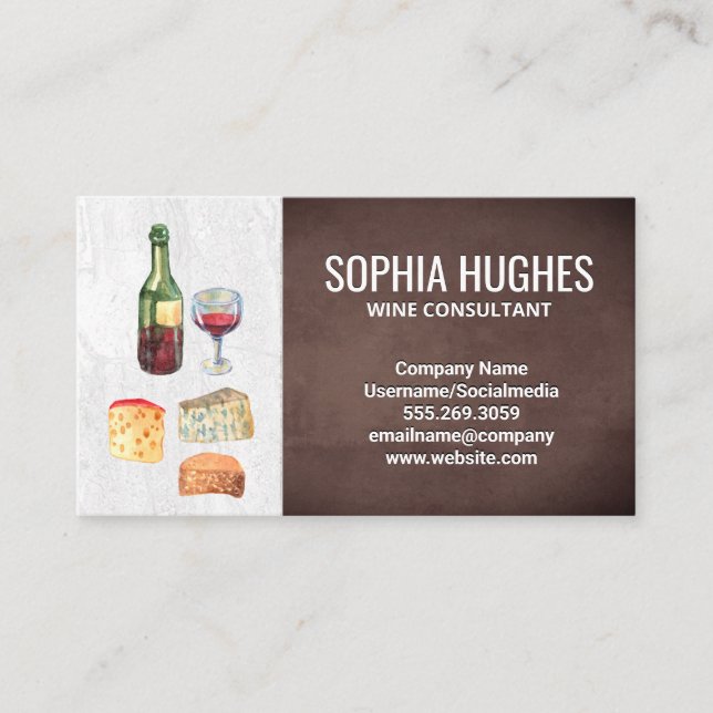 Wine and Cheese Watercolor | Slate and Brown Business Card (Front)