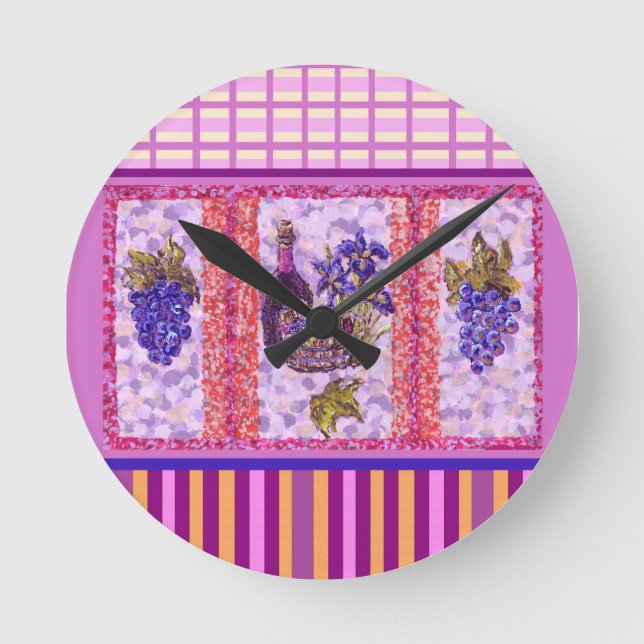 Wine And Grapes With Plaid And Stripes Wall Clock (Front)