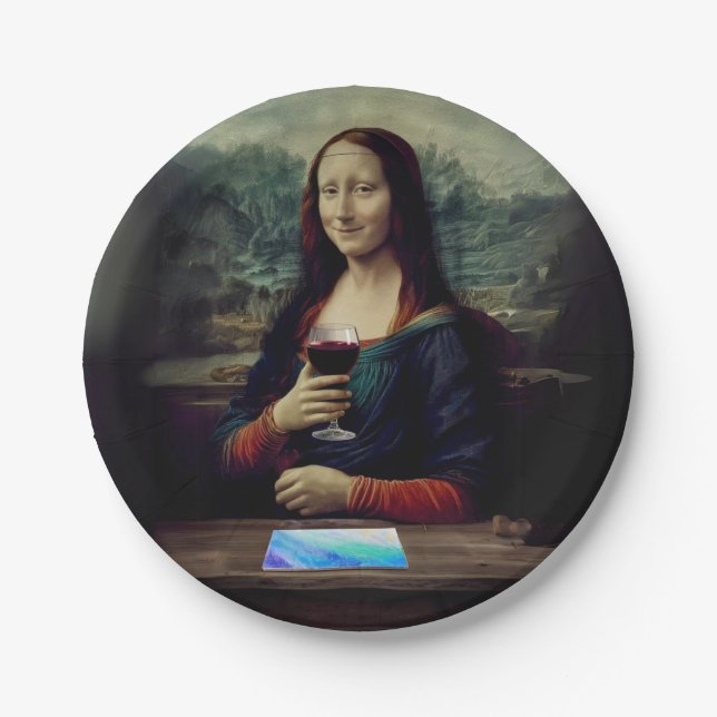 Wine and Paint party Mona Lisa birthday Paper Plate (Front)