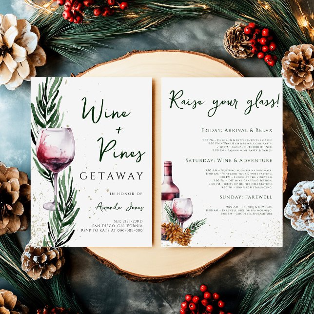 Wine and Pines Gold Christmas Bachelorette Weekend Invitation (Creator Uploaded)