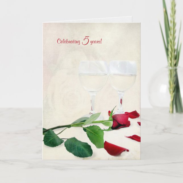 wine and red rose for 5th anniversary card (Front)