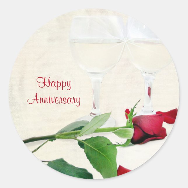 wine and red rose for anniversary classic round sticker (Front)