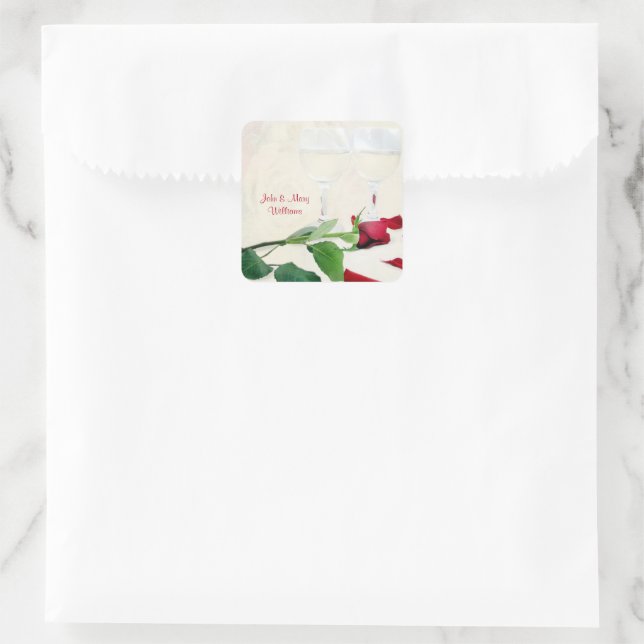 wine and red rose square sticker (Bag)