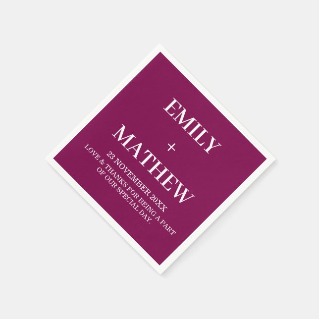 WINE AND WHITE CUSTOM NAME SIMPLE STYLISH WEDDING NAPKIN (Corner)