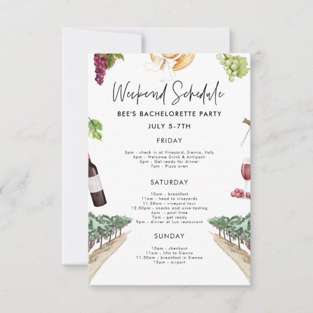 Wine Bachelorette Weekend Itinerary Invitation (Front)