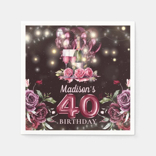 Wine & Balloons 40th Birthday Personalised Napkin (Front)