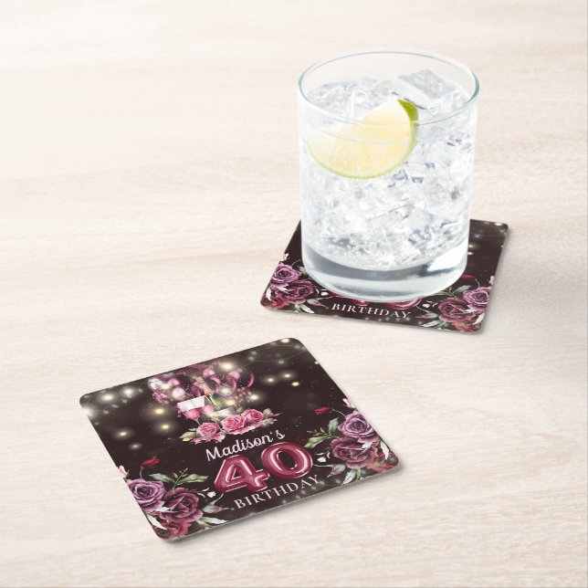 Wine & Balloons 40th Birthday Personalised Square Paper Coaster (Insitu)