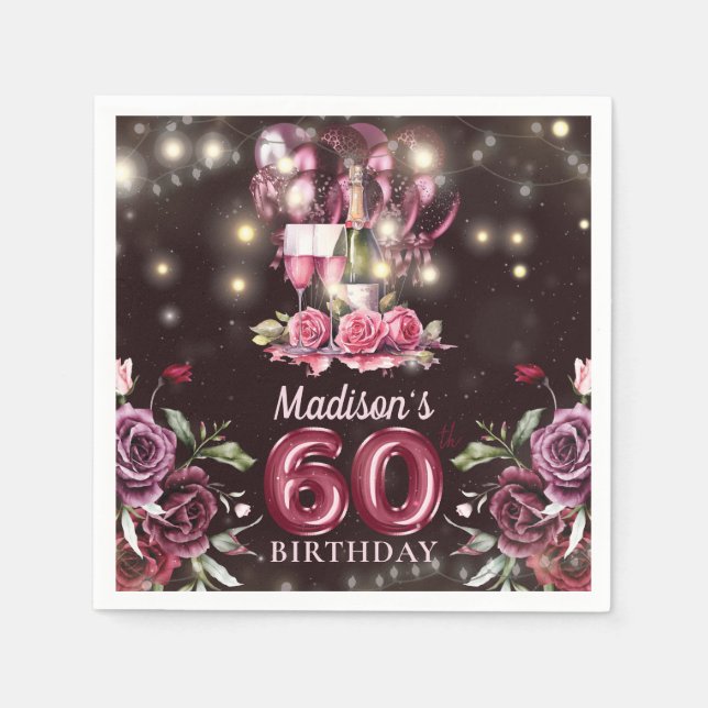 Wine & Balloons 60th Birthday Personalised Napkin (Front)