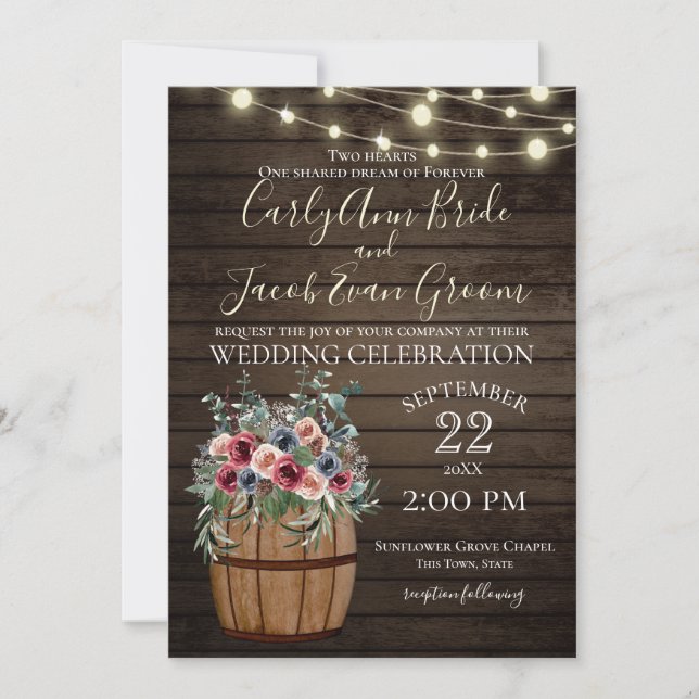 Wine Barrel and Roses Rustic Burgundy and Blue Invitation (Front)