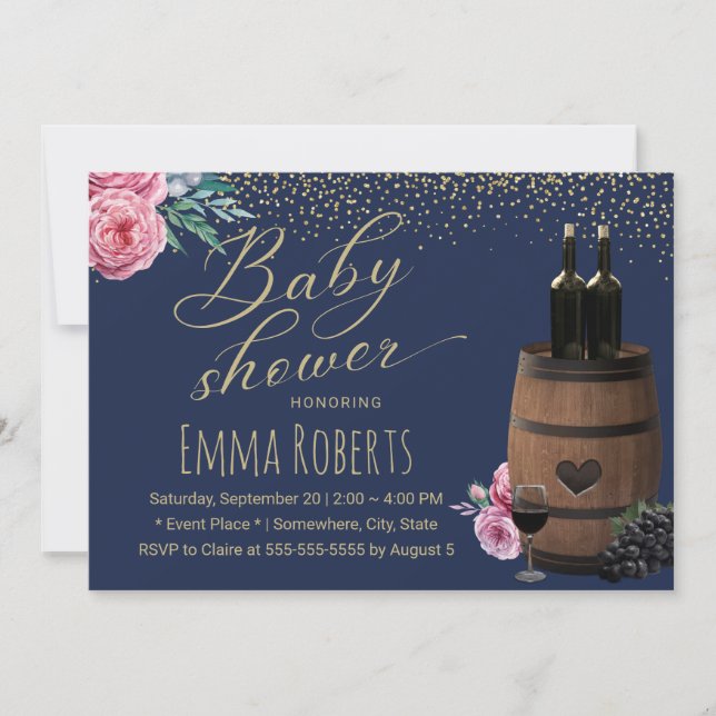 Wine Barrel Navy Gold Confetti Floral Baby Shower Invitation (Front)