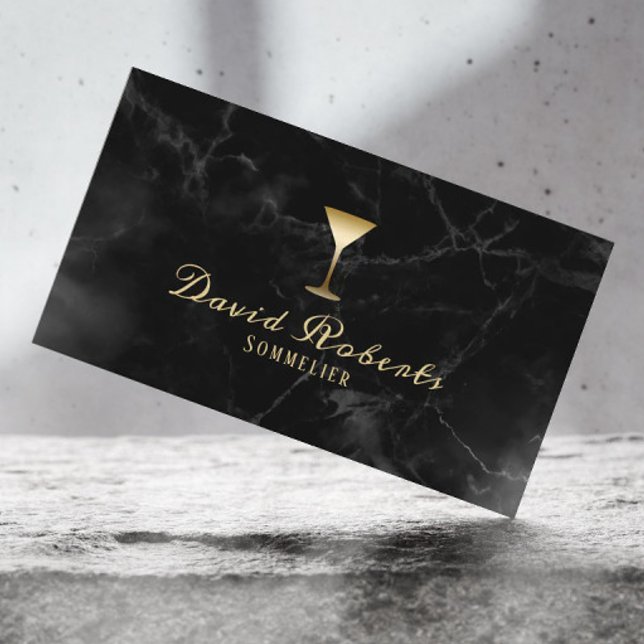 Wine Bartender Sommelier Modern Dark Marble Business Card (Creator Uploaded)