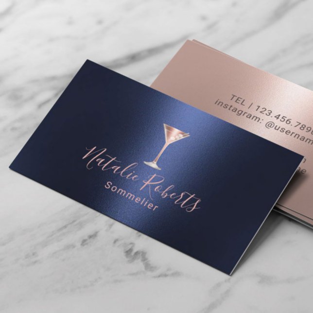 Wine Bartender Sommelier Navy Blue & Rose Gold Business Card (Creator Uploaded)