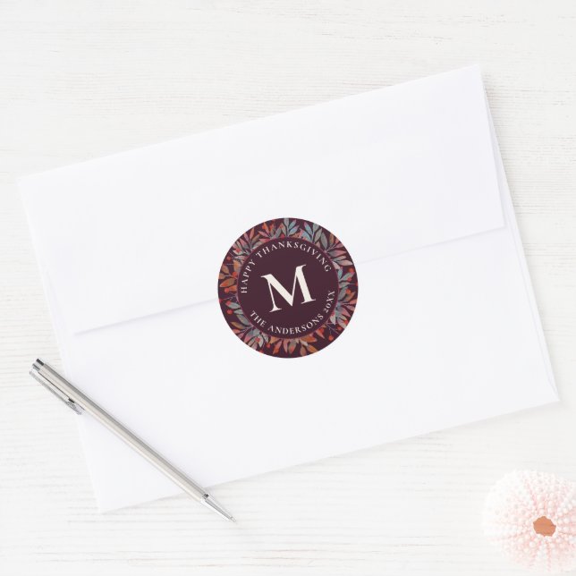 Wine Berries & Green Leaves Monogram Classic Round Sticker (Envelope)