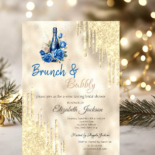 Wine Blue Roses Gold Drips Brunch & Bubbly Invitation