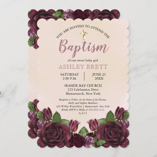 Wine | Blush | Mauve Painterly Floral Baptism Invitation (Front/Back)