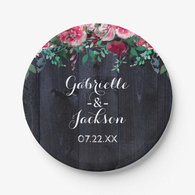 Wine Blush & Navy Wood Burgundy Wedding Monogram Paper Plate (Front)