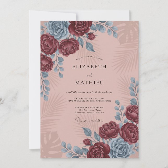 Wine Blush Pink Petal Wedding Invitation (Front)