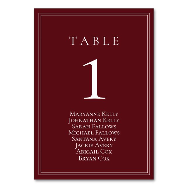Wine Bordeaux Classic Table Number Seating Chart (Front)