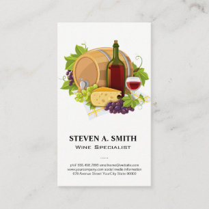 Wine Bottle and Glass Barrel Grapes Cheese Business Card
