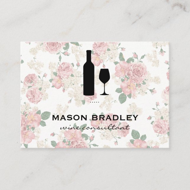 Wine Bottle and Glass Elegant Floral Pattern Business Card (Front)