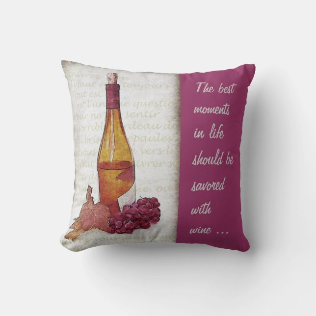 wine bottle and grape with wine quote cushion (Front)