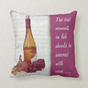 wine bottle and grape with wine quote cushion