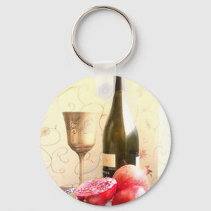Wine Bottle And Pomegranates Key Ring