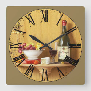 Wine Bottle and Wine Glass Roman Numeral Square Wall Clock
