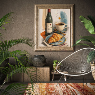 Wine Bottle, Coffee and Croissant Wall Art Print