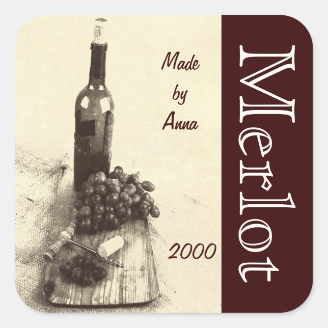 Wine bottle, corks, corkscrew and grapes square sticker (Front)