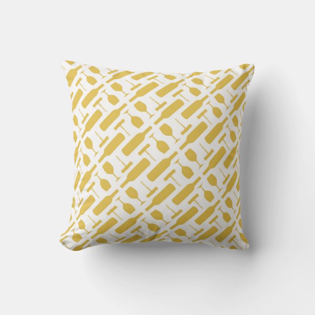 Wine Bottle Glass and Corkscrew Pattern Yellow Cushion (Front)
